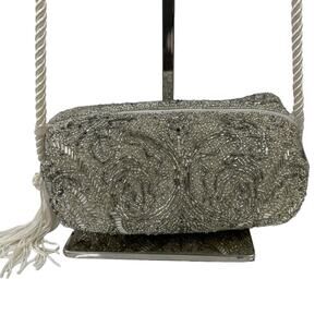 Vintage Evening Silver Beaded Crossbody Formal Bag Tassel Purse
